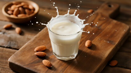 Top-Down View of Milk Splashing from Glass Surrounded by Almonds on Wooden Surface