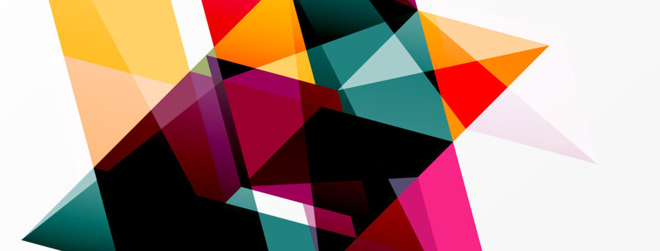 Abstract geometric shapes overlap, creating vibrant color contrasts. Composition feels dynamic, modern, energetic.