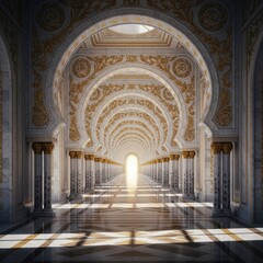 Obraz premium Long, opulent hallway with arches, columns, and intricate gold details, leading to bright light