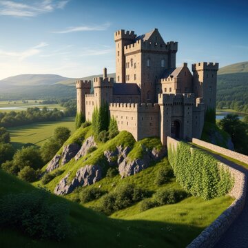 Medieval stone castle atop a verdant hill, overlooking a valley under a clear blue sky