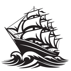 Vector illustration of a nautical sailing ship silhouette on ocean waves for a travel adventure logo or marine vessel symbol