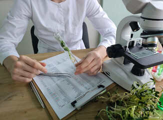 Scientist examines plant samples using microscope and records data during laboratory work concept