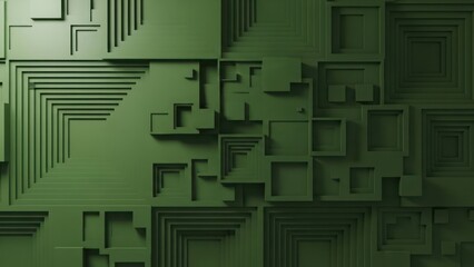 Olive green geometric abstract art, textured surface with layered square and angled shapes