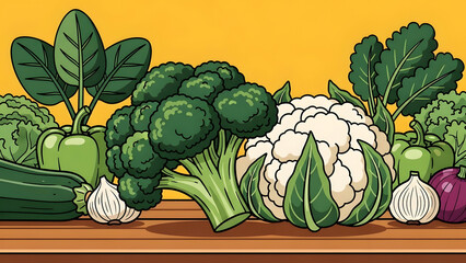 Fresh healthy broccoli and cauliflower on a table isolated among other green vegetable. Vector illustration of raw organic floret for nutritious vegetarian diet and culinary cooking artwork.