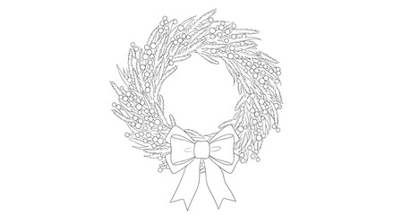 Elegant Hand-Drawn Mistletoe Wreath with Large Ribbon Bow - Detailed Botanical Holiday Line Art