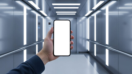 A hand holding a smartphone in a futuristic corridor with neon lights