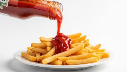 Red condiment poured onto a pile of golden fried potatoes on a white plate, white background