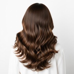 Obraz premium Rear view of wavy brown hair, cascading down the back, against a white backdrop