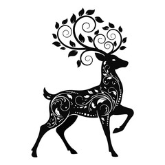Elegant black deer silhouette adorned with swirling floral patterns and leaves white