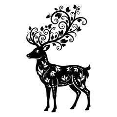 Black silhouette of a deer with ornate floral antlers and body white
