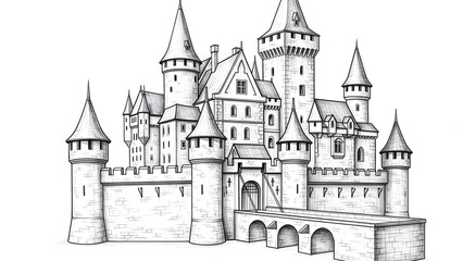 Whimsical Medieval Castle with Turrets and Drawbridge