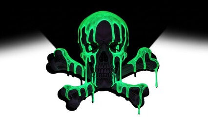Skull and crossbones with neon green goo dripping against a black and white backdrop