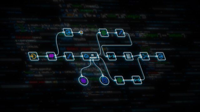 AI agent automation workflow diagram with digital data process flow and futuristic technology code background
