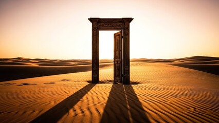 Ornate open doorway casting a long shadow on sand dunes under a warm, hazy sky