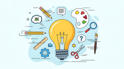 Creative Light Bulb with Drawing Tools and Palette in Playful Illustration