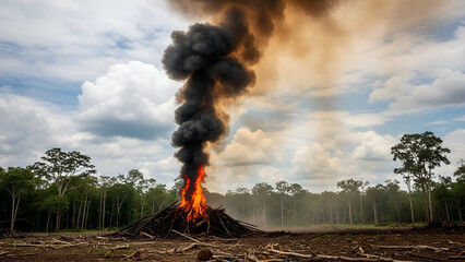 Burning Wood Pile with Thick Black Smoke in Open Field