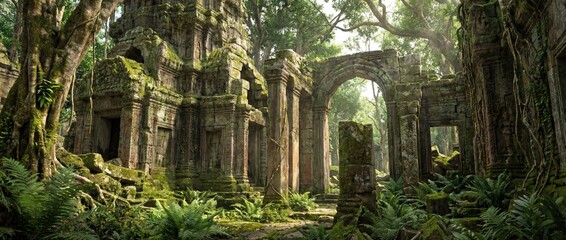 Detailed panoramic view of ancient stone temple ruins completely overgrown by a dense tropical jungle, featuring mossy arches, vines, and sunlit ferns.