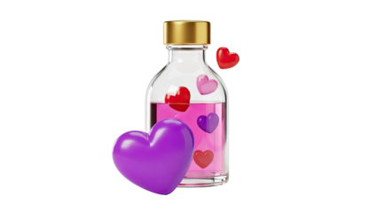 3D Bottle of love potion with floating hearts on transparent background