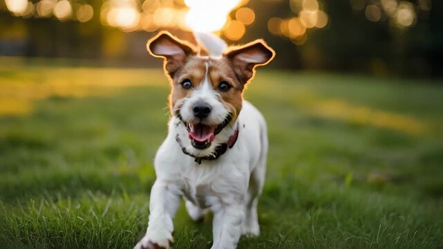 Happy dog running towards camera in green field at sunset