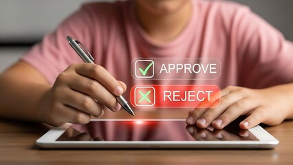 Person interacting with virtual "Approve" and "Reject" buttons on tablet screen, symbolizing business compliance, audit, and quality control.