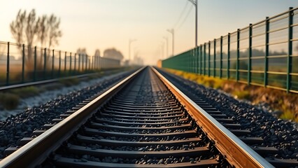 Fototapeta premium ballast. A long railroad track with gravel stretching to the horizon in morning light. mobility guides, transit brochures, designed for transport & logistics marketing.