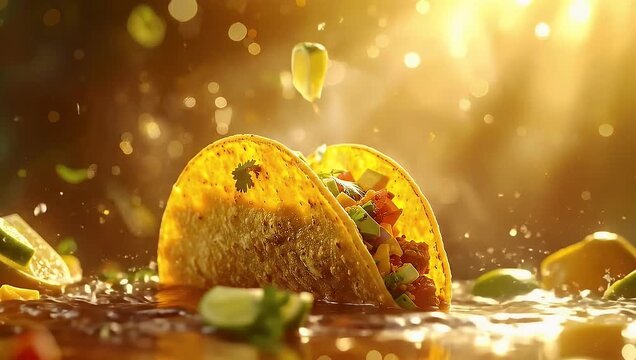 Delicious Tacos Splashing in Golden Light, Slow Motion Appetizing Food Commercial