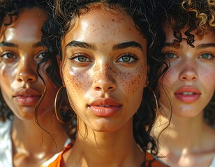 Three diverse, beautiful women with curly hair and warm complexions