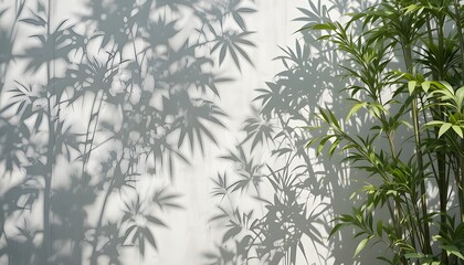 3D soft dappled bamboo leaf shadows on white wall luxury summer nature product backdrop