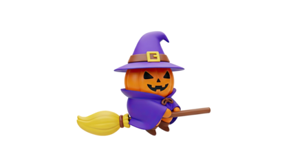 3D Cute 3D pumpkin character wearing a witch hat and cape flying on broomstick