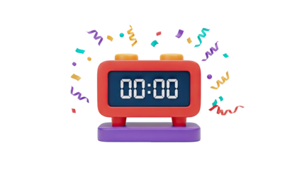 3D Digital clock displaying 00:00 with colorful confetti on transparent background