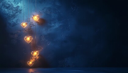 夜の壁に灯るハートのガーランドライト：落ち着いた紺色の背景と温かい電球色の静物