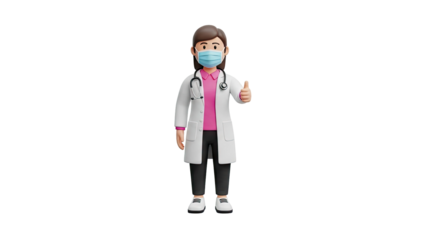 3D Female Doctor Wearing Mask Giving Thumbs Up on transparent background