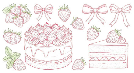 Strawberry Cake and Pastry Illustration Set - Pink Line Art Bundle with Whole Cake, Slice, Fresh Berries, and Ribbon Bows © Vector Stock 4 U