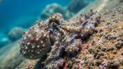 An octopus blending into a rock, showing the transition of skin texture from smooth to bumpy.