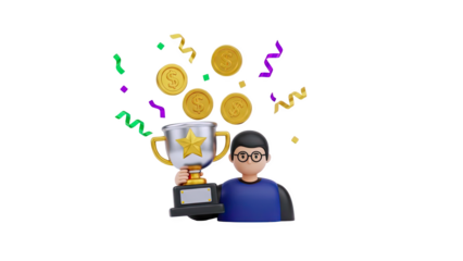 3D Man Holding Trophy Surrounded by Coins and Confetti on transparent background
