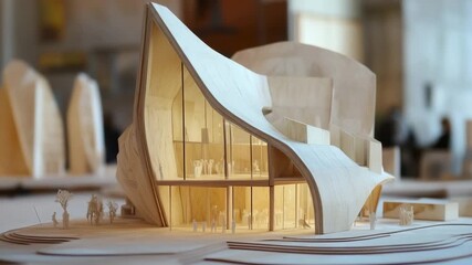 A detailed architectural model showcasing a modern building design with unique curves and shapes, illuminated from within, surrounded by miniature trees and figures - Powered by Adobe