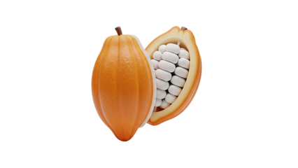 3D Orange cacao pod split open showing beans on transparent background