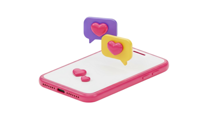 3D Phone with hearts and notification bubbles on transparent background