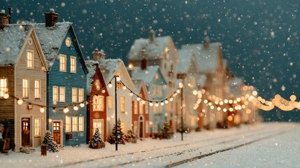 A snow-covered village glowing with warm, colorful string lights, soft snowflakes drifting in the cold night