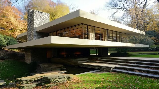 A modern architectural house with large glass windows, a stone chimney, and a flat roof, surrounded by trees and greenery
