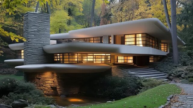 A modern architectural house surrounded by trees and greenery, featuring large windows and a unique design, illuminated at dusk