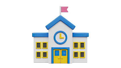 3D Cartoon school building with flag and clock on transparent background