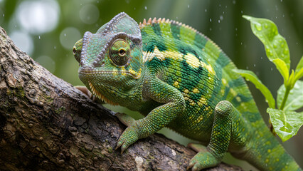 Obraz premium A chameleon changing color on a branch, one eye looking forward and one back, hyper-detailed scales