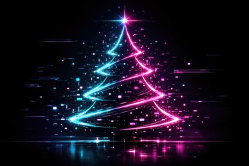 Neon Christmas Tree with Glitch Effect glowing abstract