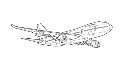 Iconic Boeing 747 Jumbo Jet Commercial Airliner Line Art Drawing Outline