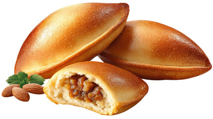 Freshly baked golden brown stuffed pastries or pirozhki with savory filling and almonds isolated on transparent background


