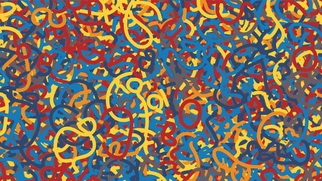 Vibrant, chaotic abstract pattern of intertwined colorful lines, forming an energetic scribble design for modern graphic backgrounds.