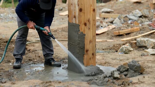 High resolution 4K footage of hosing concrete mix at the base of timber post installed the ground emphasizing construction material handling worksite 