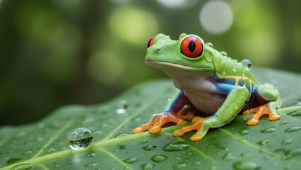 Obraz premium Macro shot of a frog on a vibrant green leaf, suction-cup toes visible, water droplets reflecting the forest. Asimetric composition to the right