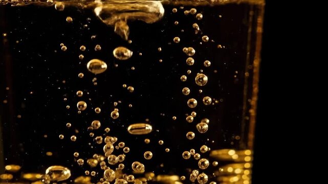 Golden bubbles rising in liquid against a dark background, a dynamic beverage texture for party drink advertisement